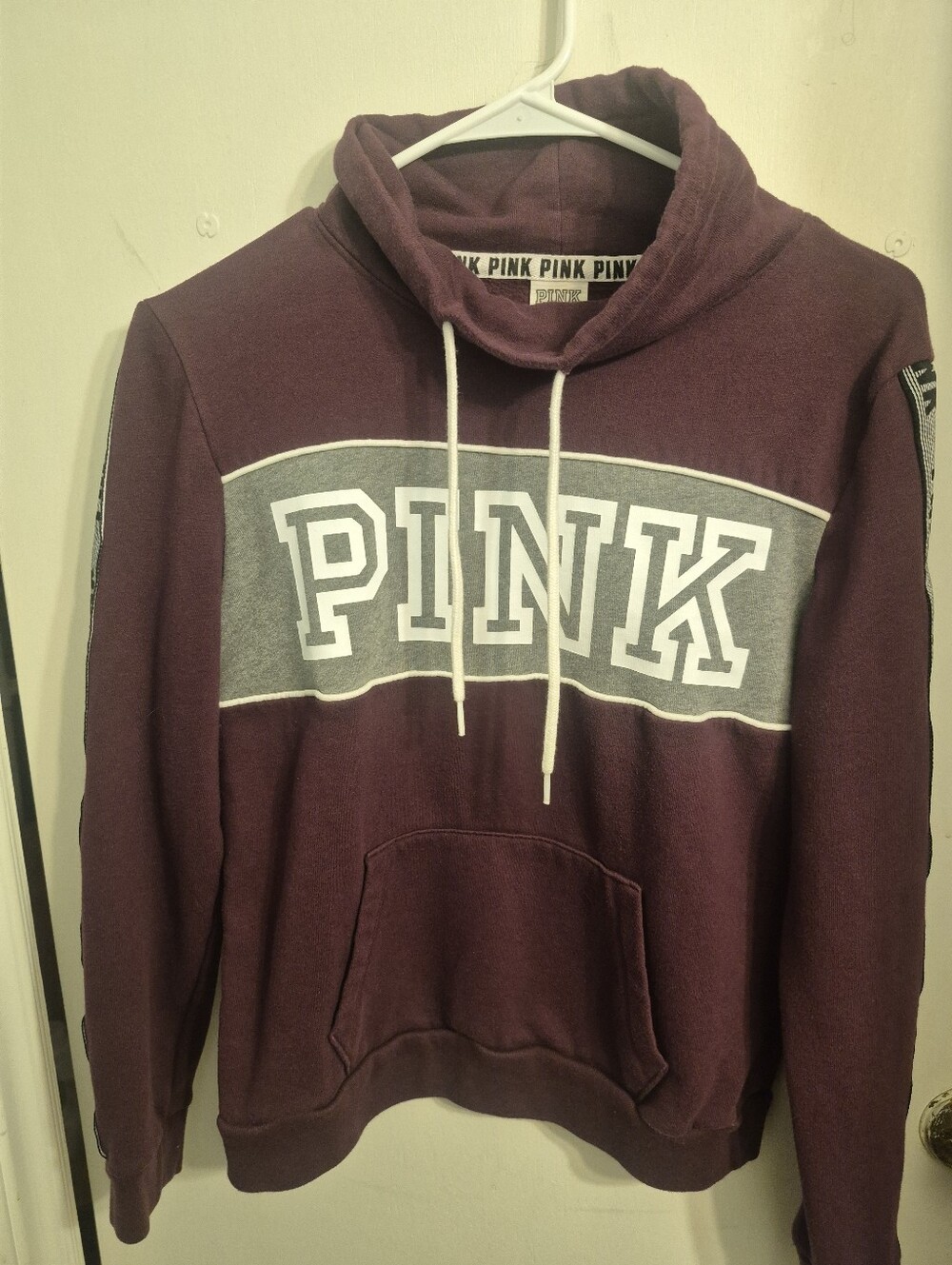PINK Victoria's Secret Plum Pullover Hoodie with Contrast Gray Panel